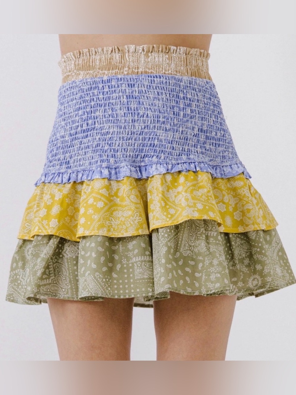 English Factory Large Paisley Bandana Print Smocked Ruffle Mini Skirt